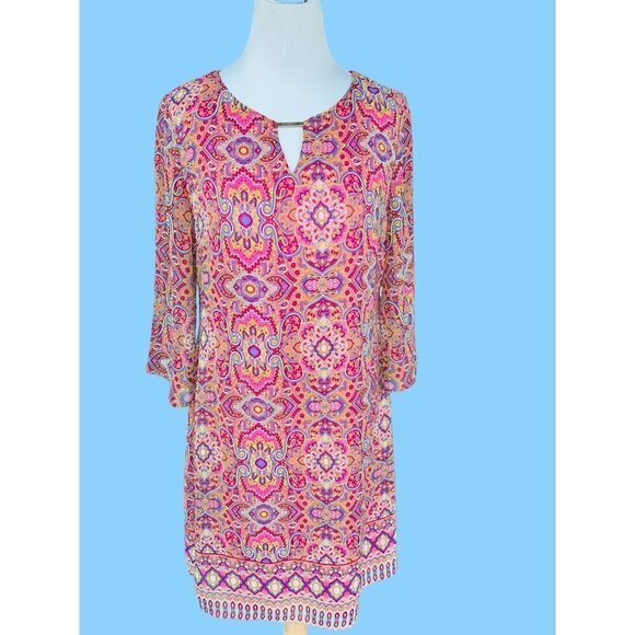 TACERA LADIES KEYHOLE FRONT ABSTRACT PAISLEY QUARTER SLEEVE LINED DRESS EUC M - Picture 7 of 8